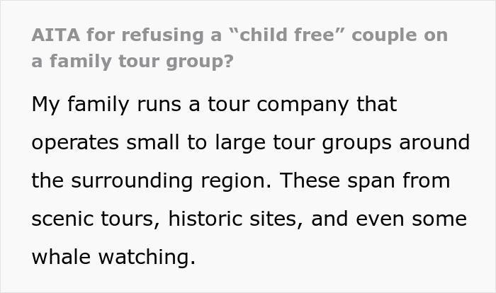 Alt text: Text discussing a tour company refusing a childfree couple from a family tour, sparking bad reviews online.