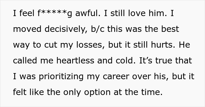 Text expressing emotional struggle after asking husband to turn down dream job, balancing love and career priorities. Text expressing emotional struggle after asking husband to turn down dream job, balancing love and career priorities.