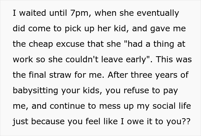 Text excerpt discussing a 17-year-old babysitting sister’s kids for years without payment or respect.