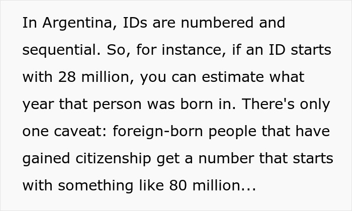 Text about Argentina IDs explaining how numbers indicate birth year and exceptions for foreign-born citizens with h**h number IDs.