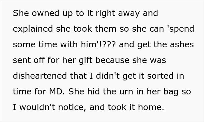 Text screenshot showing a confession about an entitled grandma stealing grandson’s ashes and hiding the urn in her bag.