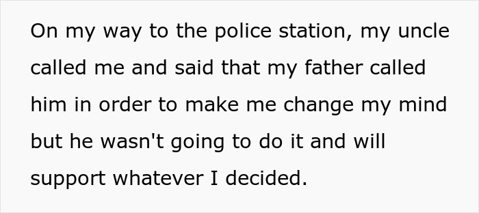 Text excerpt showing a son explaining police involvement after father tried to hijack house by changing locks. Text excerpt showing a son explaining police involvement after father tried to hijack house by changing locks.