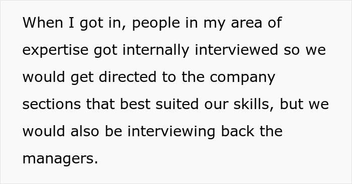 Text excerpt discussing internal interviews for job placements and manager evaluations in a corporate setting. Text excerpt discussing internal interviews for job placements and manager evaluations in a corporate setting.