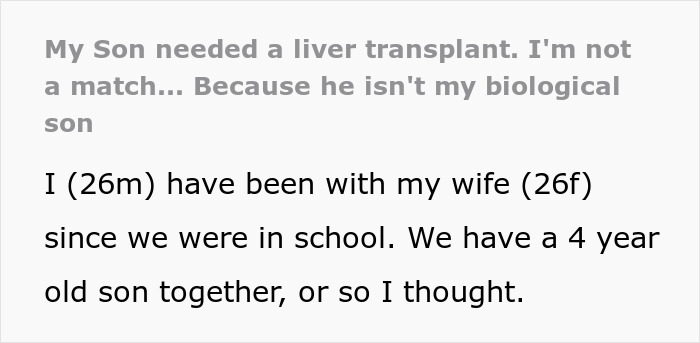 Text excerpt about a dad ready to save his child’s life, discovering he isn’t the biological father.