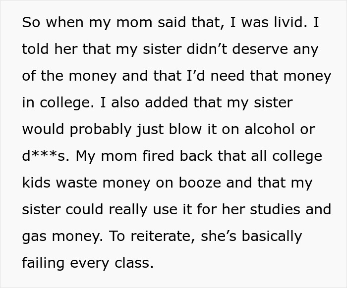 Conversation text showing grandson upset over wealthy grandpa gifting $10K for college, mom mad about sharing with sister. Conversation text showing grandson upset over wealthy grandpa gifting $10K for college, mom mad about sharing with sister.