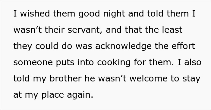 Text excerpt explaining a family’s entitled behavior and being banned for not acknowledging cooking efforts.