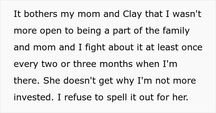 Text excerpt showing conflict with absentee mom expecting teen to babysit fiancé's kids during their dates. Text excerpt showing conflict with absentee mom expecting teen to babysit fiancé's kids during their dates.