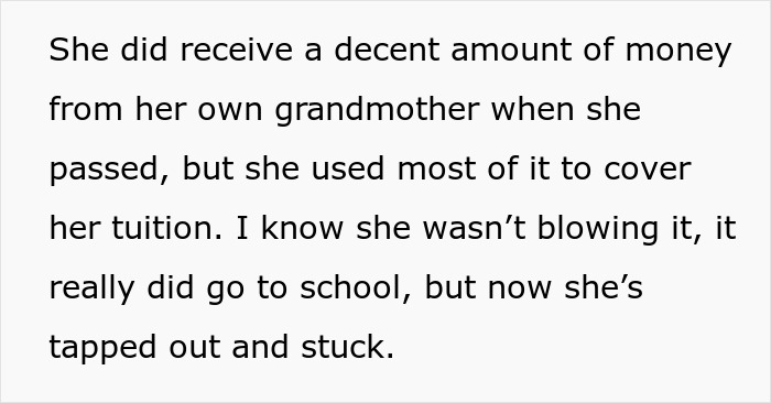 Text excerpt about a woman using inheritance money to cover tuition before being financially stuck after a breakup. Text excerpt about a woman using inheritance money to cover tuition before being financially stuck after a breakup.