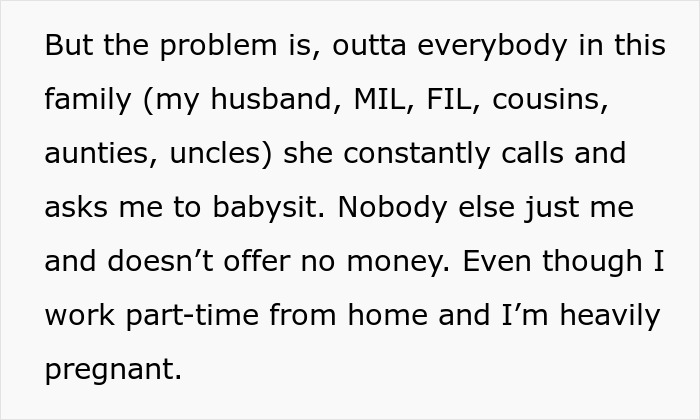 Text excerpt discussing family constantly asking a pregnant woman to babysit niblings without offering money. Text excerpt discussing family constantly asking a pregnant woman to babysit niblings without offering money.