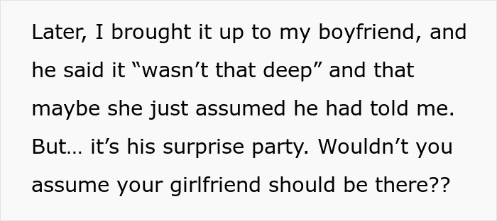 Text excerpt about guy’s female best friend not inviting his girlfriend to surprise birthday party, discussing relationship tension. Text excerpt about guy’s female best friend not inviting his girlfriend to surprise birthday party, discussing relationship tension.