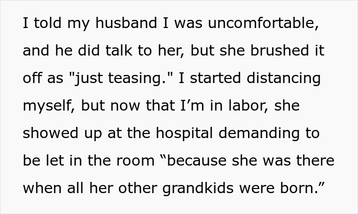 Text about a laboring woman’s mother-in-law demanding access during delivery room baby DNA testing moment.