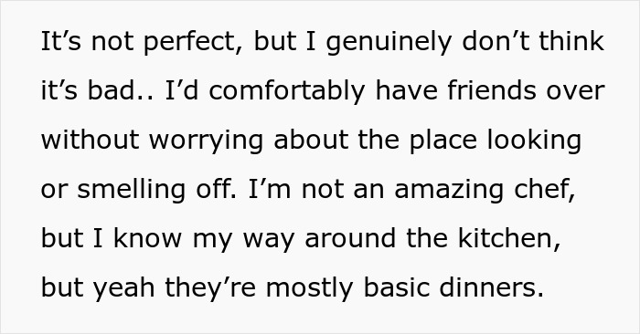 Text excerpt about someone’s thoughts on cooking and home comfort after breakup, mentioning basic dinners. Text excerpt about someone’s thoughts on cooking and home comfort after breakup, mentioning basic dinners.