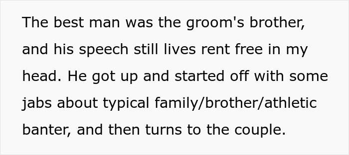 Text excerpt about best man’s speech at a wedding, referencing groom’s choice and family banter.