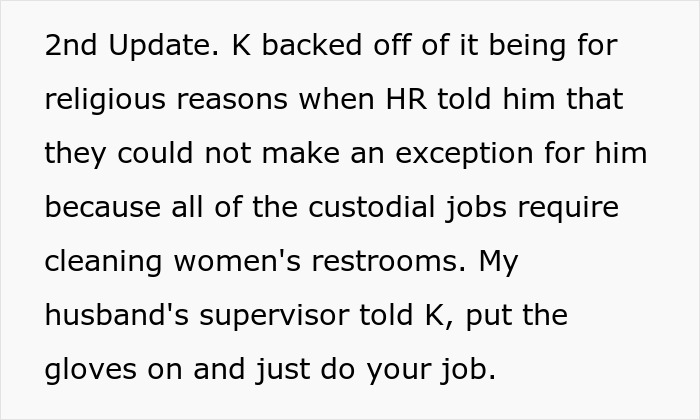 Text excerpt about boss confronting custodian over emptying feminine hygiene waste bins due to religion in a workplace setting. Text excerpt about boss confronting custodian over emptying feminine hygiene waste bins due to religion in a workplace setting.