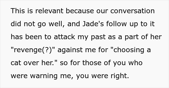 Text excerpt about woman furious her partner won't rename cat, mocking her traumatic childhood during argument. Text excerpt about woman furious her partner won't rename cat, mocking her traumatic childhood during argument.