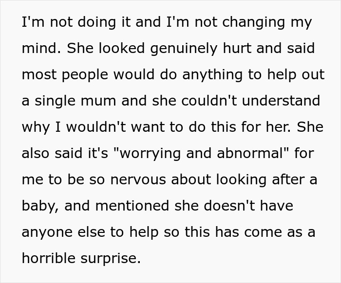 Text expressing refusal to babysit for a single mom, highlighting feelings of nervousness and surprise over the decision. Text expressing refusal to babysit for a single mom, highlighting feelings of nervousness and surprise over the decision.