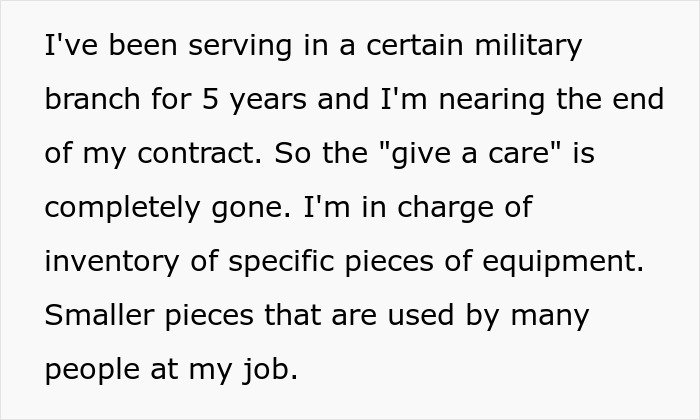 Text on a white background describing a soldier tracking missing equipment for months while managing inventory.