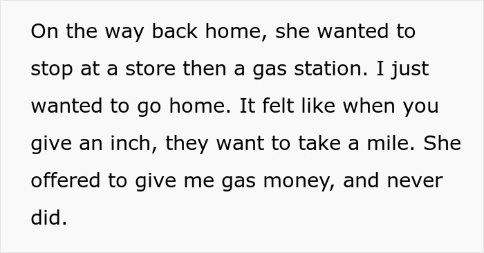 Text on a white background describing a woman’s frustration when a coworker demands rides without notice or tact.