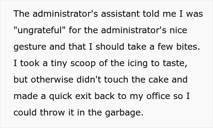 Alt text: Annoyed worker reluctantly sampling birthday cake icing at office, avoiding eating cake and preparing to discard it. Alt text: Annoyed worker reluctantly sampling birthday cake icing at office, avoiding eating cake and preparing to discard it.