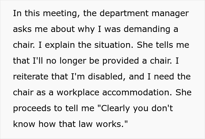 Text excerpt showing a disabled employee explaining the need for accommodation to an ableist manager refusing a chair.