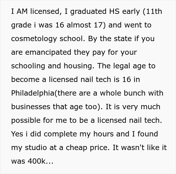 Text excerpt about becoming a licensed nail tech, attending cosmetology school, and studio rental details. Text excerpt about becoming a licensed nail tech, attending cosmetology school, and studio rental details.