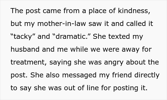 Text excerpt describing a woman battling cancer asking for help while her mother-in-law calls it tacky and dramatic. Text excerpt describing a woman battling cancer asking for help while her mother-in-law calls it tacky and dramatic.