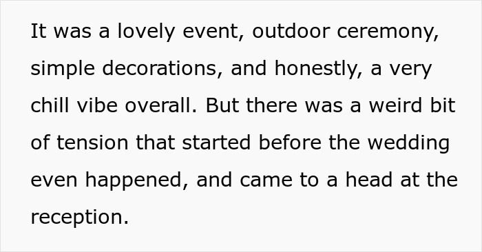 Text describing tension at an outdoor wedding where the bride told guests to wear neutrals but expected color. Text describing tension at an outdoor wedding where the bride told guests to wear neutrals but expected color.