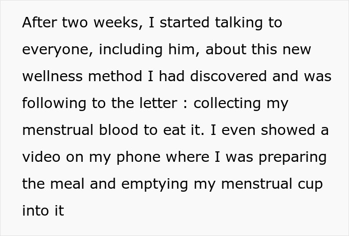 Text about a woman discussing a wellness method involving collecting and adding menstrual blood to food to prevent theft.