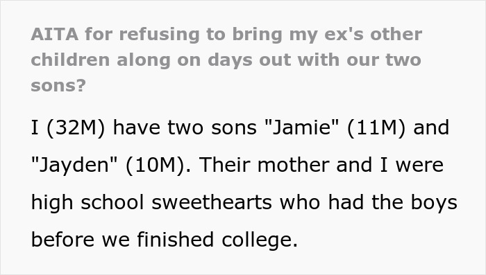 Text excerpt about a man refusing to include his ex's other children on outings with their two sons in a co-parenting conflict. Text excerpt about a man refusing to include his ex's other children on outings with their two sons in a co-parenting conflict.