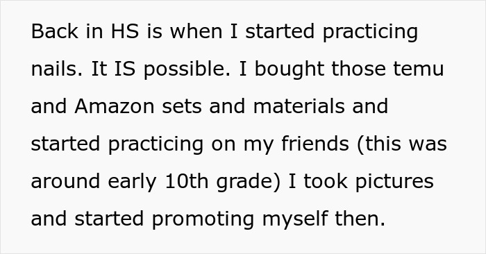 Text excerpt from a story about a lady practicing nails, promoting herself, and related influencer and party studio conflict. Text excerpt from a story about a lady practicing nails, promoting herself, and related influencer and party studio conflict.