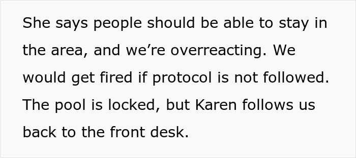 Text excerpt from a story about Karens kid poop hotel pool incident and protocol enforcement at the hotel.