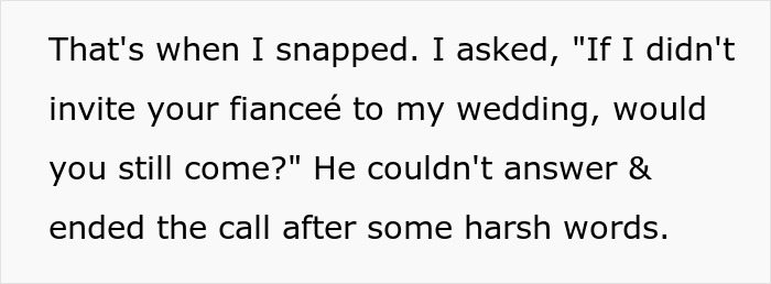 Text message excerpt about a gay man spending money to attend twin’s wedding, then told he was never invited. Text message excerpt about a gay man spending money to attend twin’s wedding, then told he was never invited.