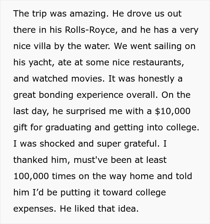 Wealthy grandpa gifts grandson $10K for college acceptance, sparking family tension over sharing with sister. Wealthy grandpa gifts grandson $10K for college acceptance, sparking family tension over sharing with sister.