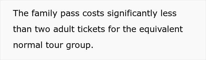 Text about family pass costs for tours, relevant to tour company reviews after childfree couple turned away.