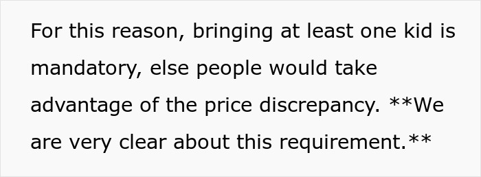 Text explaining the mandatory child policy of a tour company amid backlash from a childfree couple on a family tour.