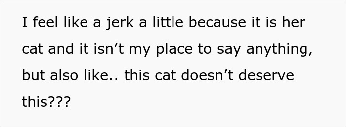 Text on white background discussing feeling like a jerk about a severely overweight cat and concern for its well-being. Text on white background discussing feeling like a jerk about a severely overweight cat and concern for its well-being.
