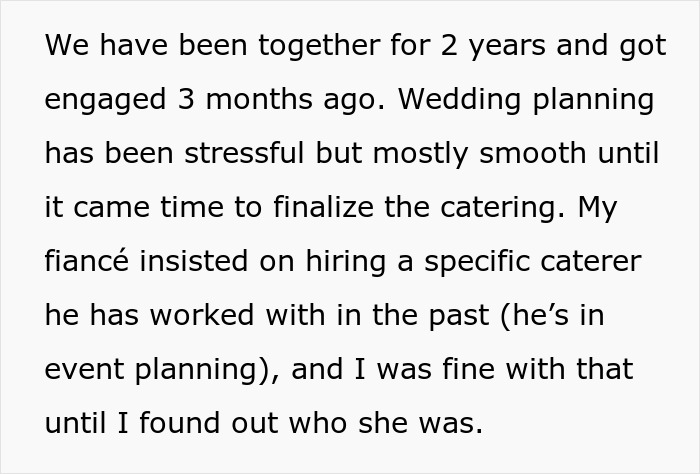Bride protests to change caterer ignored by groom’s ex, leading to wedding cancellation and planning conflict. Bride protests to change caterer ignored by groom’s ex, leading to wedding cancellation and planning conflict.