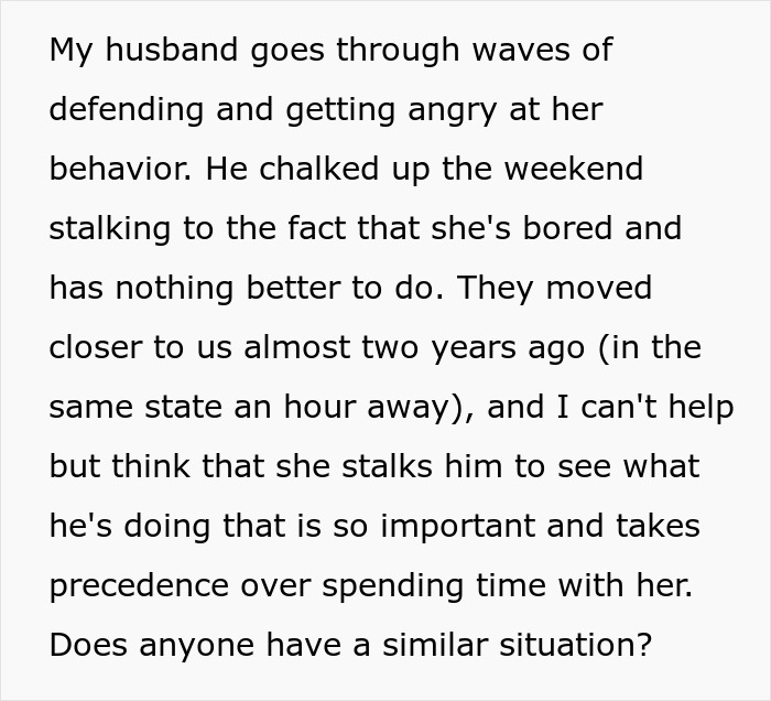 Text discussing a husband's defensive behavior and concerns about a son using a mil-tracking-app to monitor activities. Text discussing a husband's defensive behavior and concerns about a son using a mil-tracking-app to monitor activities.