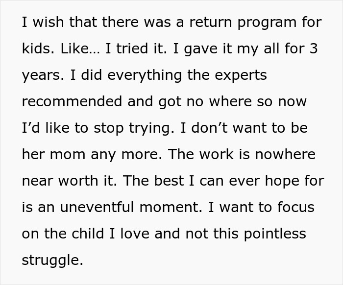 Mom shares brutally honest confession about wishing for a return program and the struggles of motherhood and parenting.
