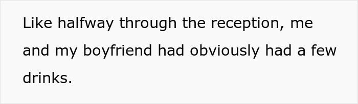 Text on white background stating a personal story about a boyfriend and public proposal at a wedding.