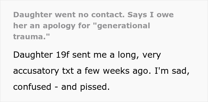Text post showing a man confused and upset after his daughter demands an apology for generational trauma.