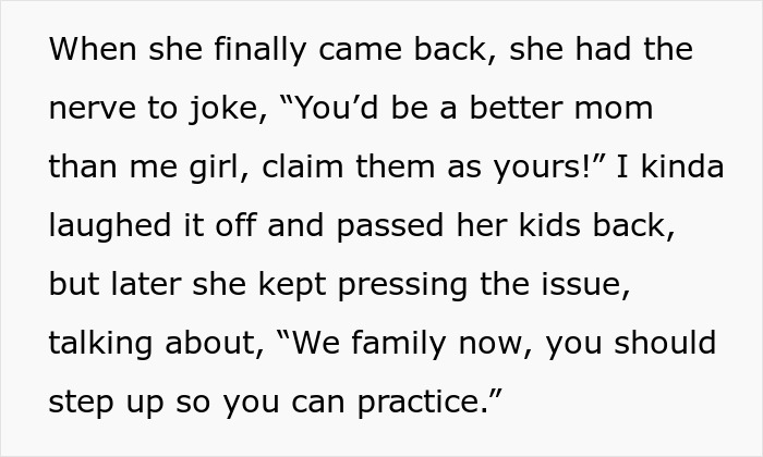 Text excerpt showing a family conflict where a pregnant lady refuses to babysit niblings, sparking tension. Text excerpt showing a family conflict where a pregnant lady refuses to babysit niblings, sparking tension.