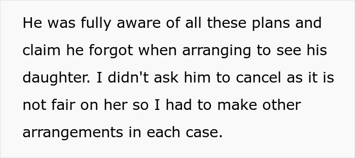 Text excerpt discussing a man canceling plans and arranging to see his daughter while prioritizing a cycle trip. Text excerpt discussing a man canceling plans and arranging to see his daughter while prioritizing a cycle trip.