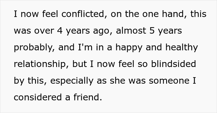 Text excerpt showing a woman revisiting a past breakup after a friend revealed she was the other woman all along.