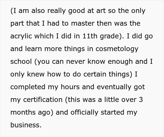 Text excerpt about mastering acrylic art and completing cosmetology certification before starting a business. Text excerpt about mastering acrylic art and completing cosmetology certification before starting a business.