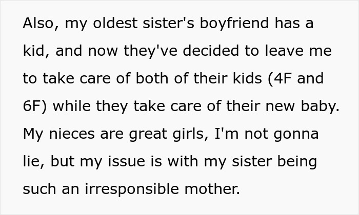 Teen girl frustrated after babysitting sister’s kids for years without payment or respect, calling out irresponsible parenting.