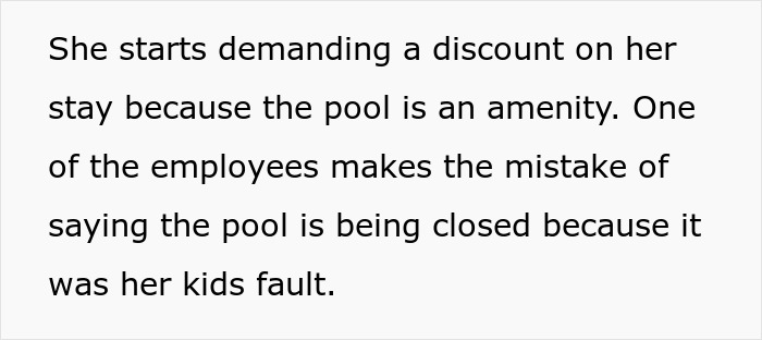 Woman demanding a discount after Karen’s kid causes an issue at the hotel pool, leading to pool closure discussion.
