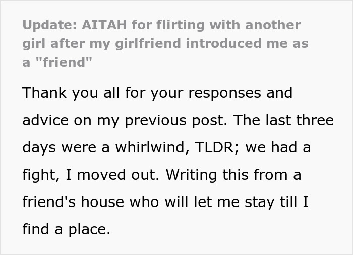 Text update about man publicly demoted to friend by girlfriend, now upgrading himself to flirty bachelor after moving out. Text update about man publicly demoted to friend by girlfriend, now upgrading himself to flirty bachelor after moving out.