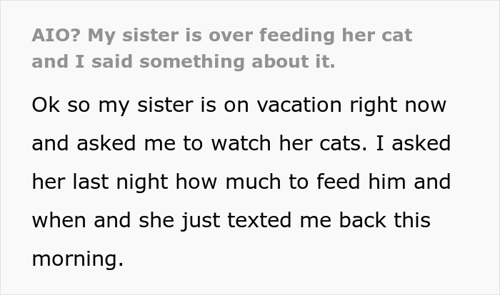 Text conversation about sister overfeeding her severely overweight cat while on vacation. Text conversation about sister overfeeding her severely overweight cat while on vacation.