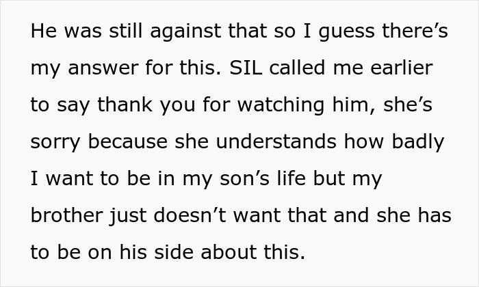 Text excerpt showing family conflict where bio dad refuses babysit, causing ongoing family drama and tension.